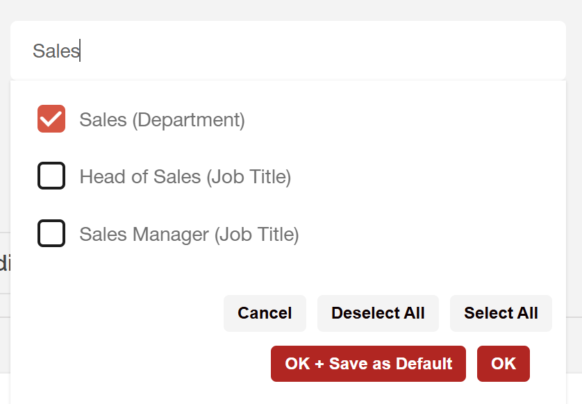 Image of the segment search box in a SWOOP dashboard populated with the word Sales and the matching resultis